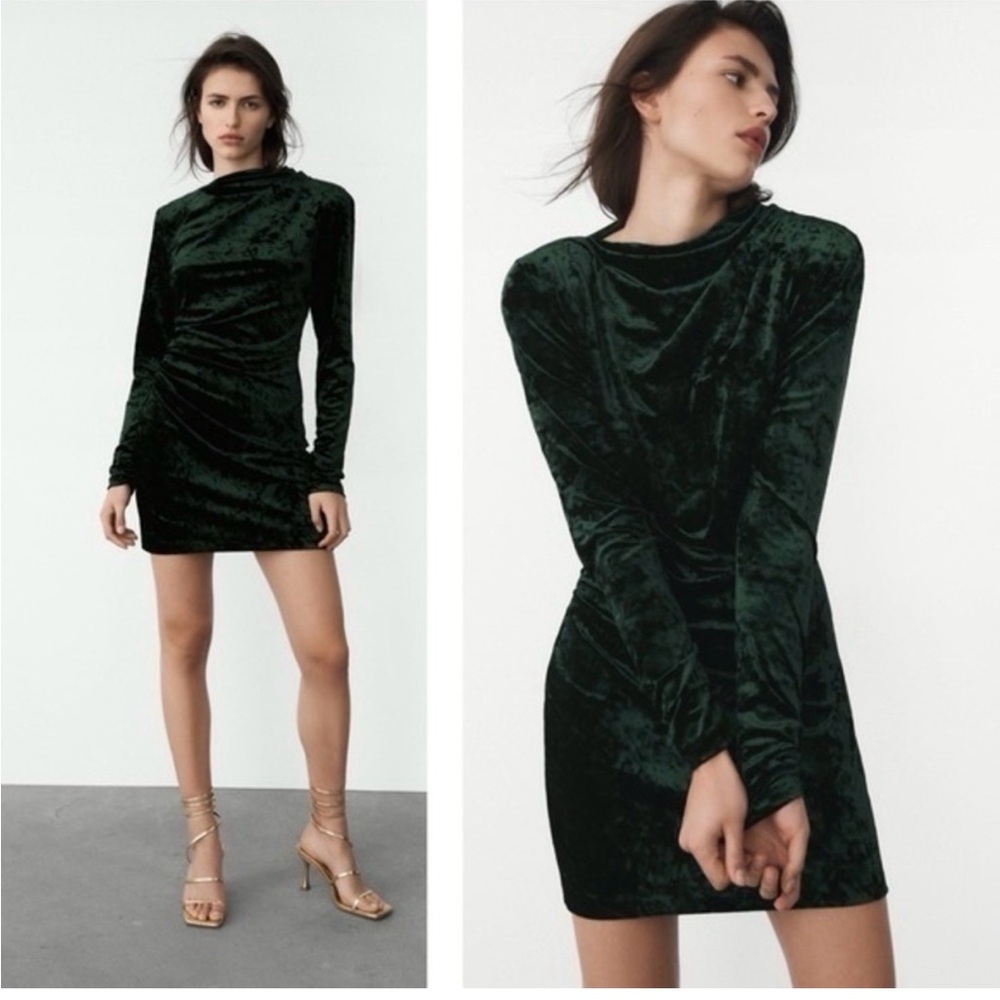 Zara Dark Green Velvet Long Sleeve Dress